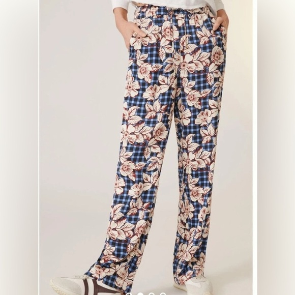 Anthropologie Scotch & Soda pull on Wide-Leg floral blue plaid Pants/ size S - Picture 1 of 12